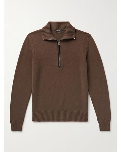 Tom Ford Suede-trimmed Wool-blend Half-zip Sweater - Brown