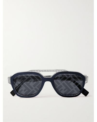 Fendi Silver-tone And Acetate D-frame Sunglasses - Blue