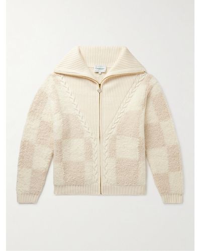 Casablancabrand Checked Cable-knit Wool-blend Bouclé Zip-up Cardigan - Natural
