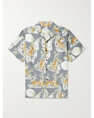 Go Barefoot Tiger Faded Camp-collar Printed Cotton Shirt - Blue