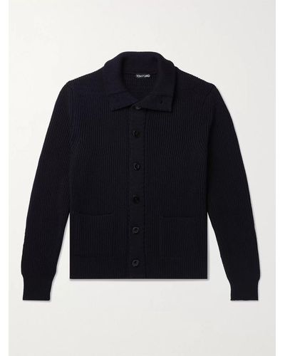 Tom Ford Slim-fit Ribbed Wool And Cashmere-blend Cardigan - Blue