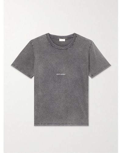 Saint Laurent Distressed Logo-Print Cotton-Jersey T-Shirt - Grau