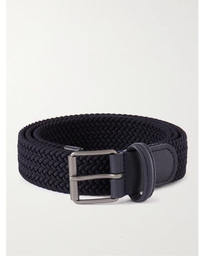Anderson's 3cm Leather-trimmed Woven Elastic Belt - Blue
