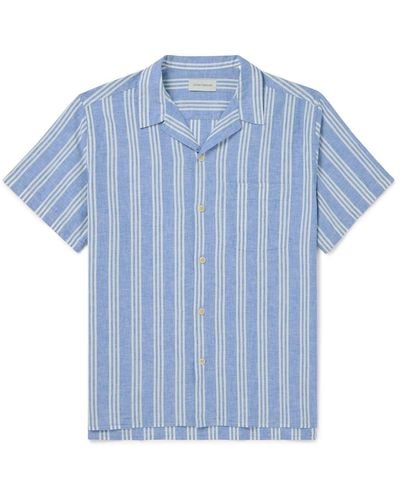 Oliver Spencer Camp-collar Striped Cotton And Linen-blend Shirt - Blue