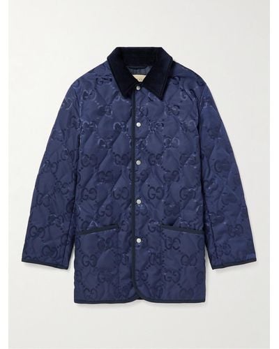 Gucci Corduroy-trimmed Padded Logo-jacquard Shell Jacket - Blue