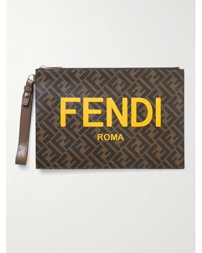 Fendi Leather-trimmed Logo-print Coated-canvas Pouch - Brown