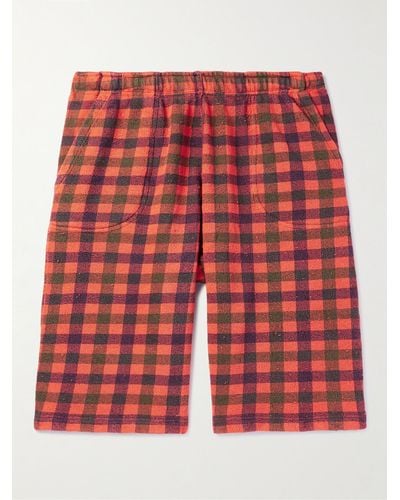 ERL Straight-leg Distressed Checked Cotton-jersey Shorts - Red