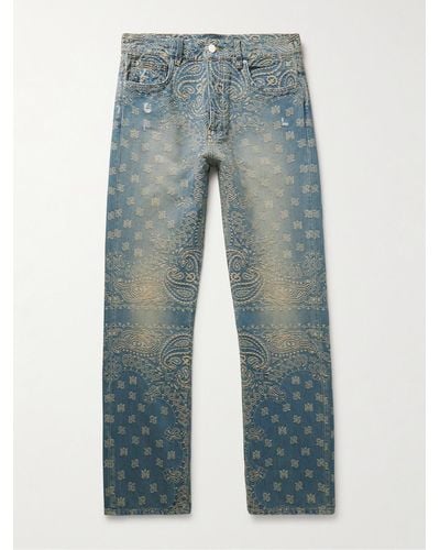 Amiri Straight-leg Distressed Bandana-jacquard Jeans - Blue
