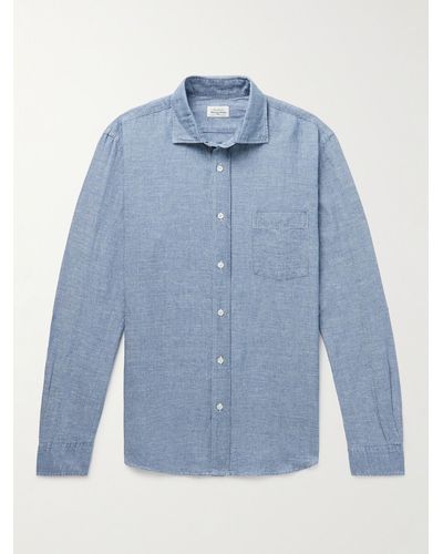 Hartford Paul Pat Pinstriped Slub Cotton And Linen-blend Shirt - Blue