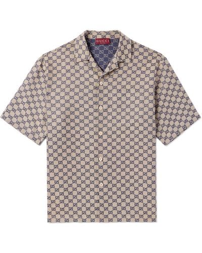 Gucci Camp-collar Logo-jacquard Linen-blend Shirt - Gray