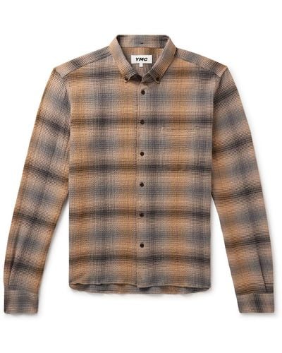 YMC Dean Button-down Collar Checked Cotton-blend Seersucker Shirt - Brown