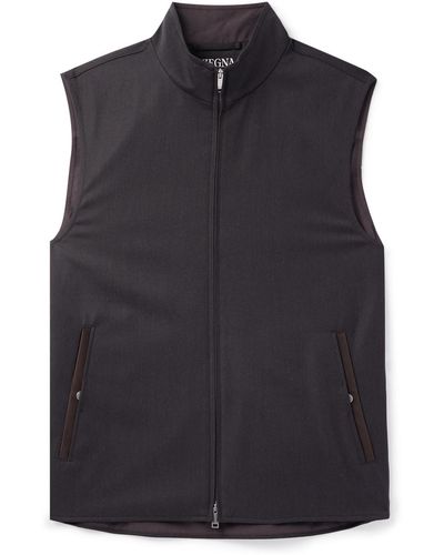 Zegna Leather-trimmed Wool, Mohair And Silk-blend Twill Gilet - Black
