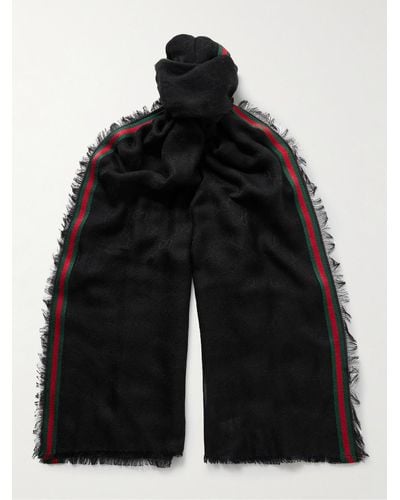 Gucci Frayed Striped Logo-jacquard Silk And Cotton-blend Scarf - Black