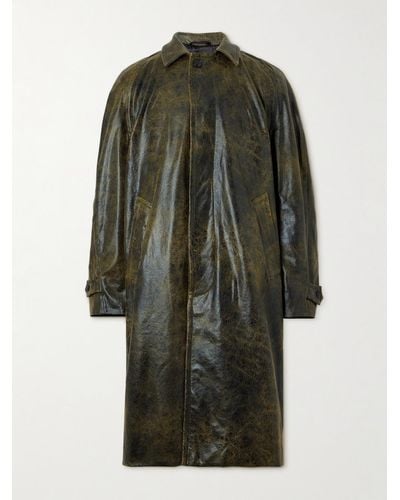 4SDESIGNS Distressed Faux Leather Trench Coat - Green