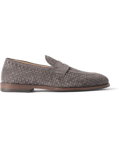 Brunello Cucinelli Woven Suede Penny Loafers - Gray