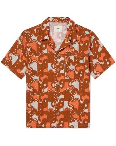 Folk Camp-collar Printed Ramie Shirt - Orange