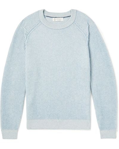 Brunello Cucinelli Striped Ribbed Cashmere Sweater - Blue
