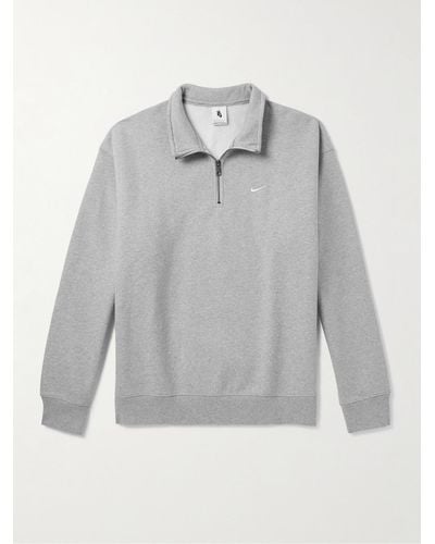 Nike Solo Swoosh Logo-embroidered Cotton-blend Jersey Half-zip Sweatshirt - Grey