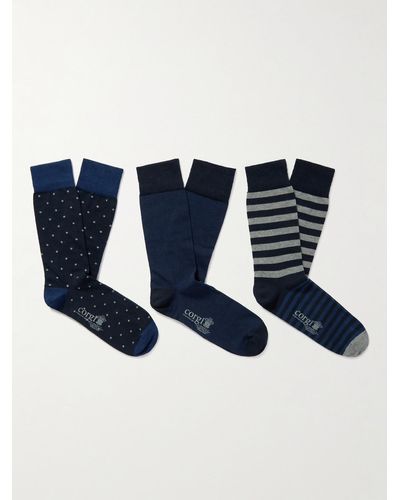 Kingsman Set aus drei Paar Socken aus einer gemusterten Baumwollmischung - Blau