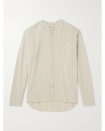 Oliver Spencer Grandad-collar Striped Cotton And Linen-blend Shirt - White