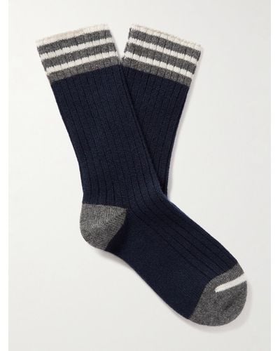 Brunello Cucinelli Striped Ribbed Cashmere Socks - Blue
