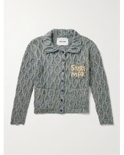 STORY mfg. Grandad Embroidered Cable-knit Organic Cotton Cardigan - Grey