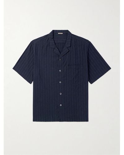 Barena Bagolo Camp-collar Pinstriped Crinkled Cotton-poplin Shirt - Blue