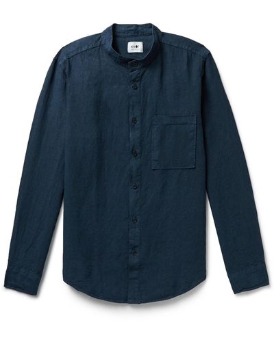NN07 Eddie Grandad-collar Linen Shirt - Blue