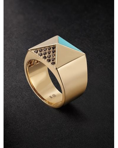 Sydney Evan Pyramidenförmiger Ring aus Gold mit Diamanten und Türkis - Schwarz