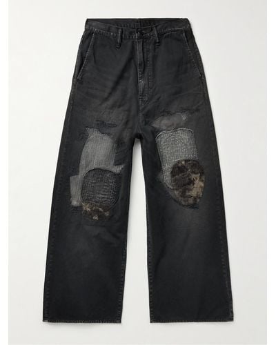 Kapital Katsuragi Port Wide-leg Patchwork Distressed Cotton-twill Trousers - Black