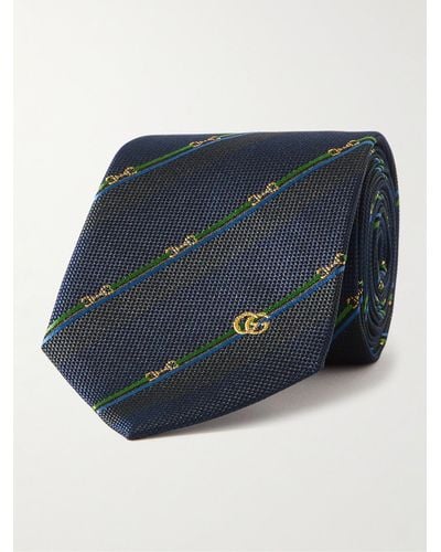 Gucci 7cm Embroidered Striped Silk-jacquard Tie - Blue