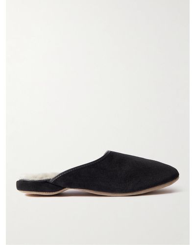 Derek Rose - Crawford Leather-Trimmed Shearling-Lined Suede Slippers - Blue  Derek Rose