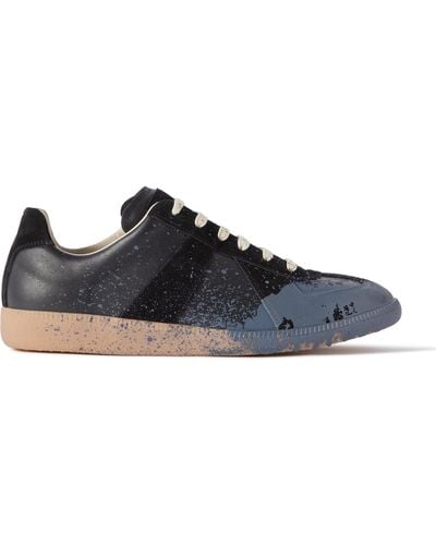 Maison Margiela Replica Paint-splattered Suede And Leather Sneakers - Blue