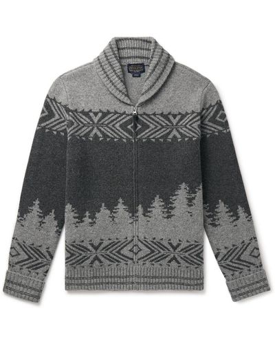 Pendleton Scenic Peak Shawl-collar Wool-jacquard Zip-up Cardigan - Gray