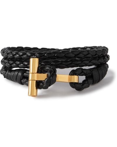 Tom Ford Woven Leather And Gold-plated Wrap Bracelet - Black