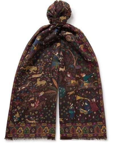 Drake's Mughal Hunter Frayed Printed Wool And Silk-blend Scarf - Brown