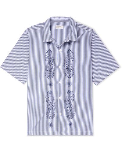 Universal Works The Road Trip Convertible-collar Embroidered Striped Cotton-poplin Shirt - Blue