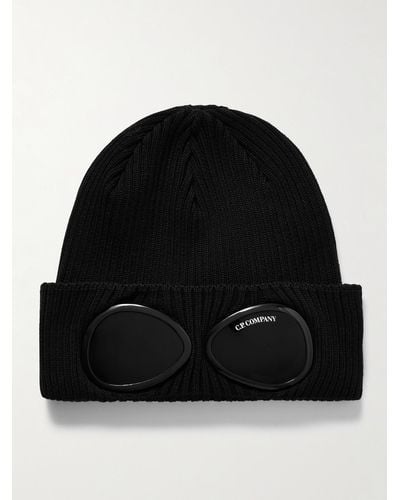 C.P. Company Goggle Beanie aus gerippter Baumwolle mit Applikation - Schwarz