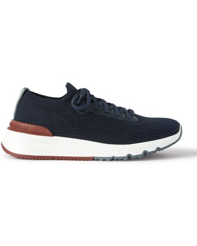 Brunello Cucinelli Leather-trimmed Stretch-knit Sneakers - Blue
