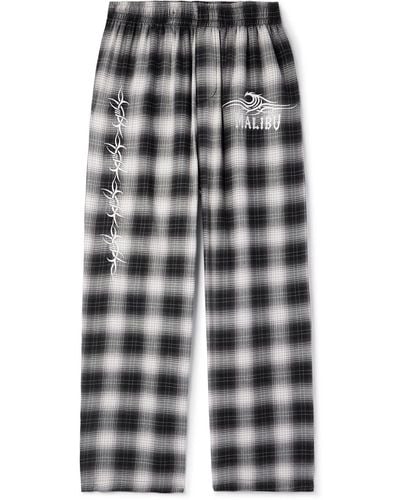 Local Authority Razor Wave Straight-leg Embroidered Checked Cotton-flannel Pants - Gray
