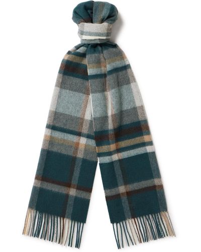 Johnstons of Elgin Fringed Checked Cashmere Scarf - Blue