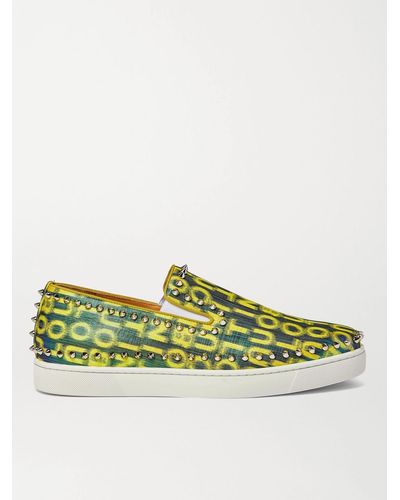 Christian Louboutin Pik Boat Spiked Glittered Logo-print Canvas Slip-on Trainers - Yellow
