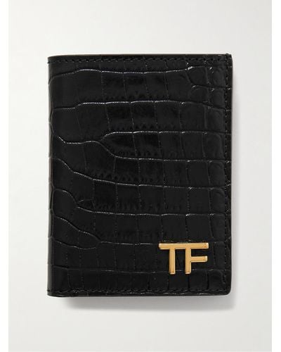 Tom Ford Aufklappbares Kartenetui aus Leder mit Krokodileffekt und Logo - Schwarz