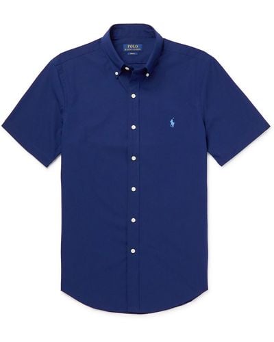 Polo Ralph Lauren Slim-fit Button-down Collar Logo-embroidered Cotton-blend Poplin Shirt - Blue