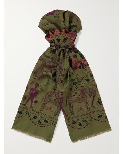 Drake's Fringed Printed Wool And Silk-blend Scarf - Green