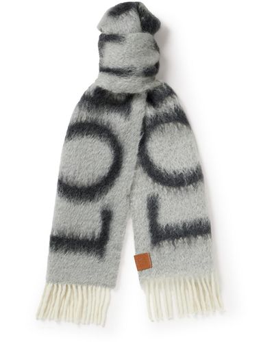 Loewe Fringed Leather-trimmed Jacquard-knit Scarf - Gray