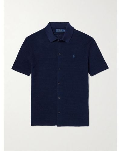 Polo Ralph Lauren Logo-embroidered Textured Cotton And Linen-blend Shirt - Blue