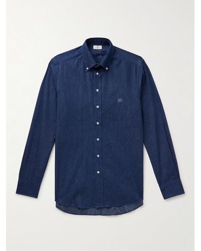 Etro Hemd aus Baumwoll-Chambray mit Button-Down-Kragen und Logostickerei - Blau