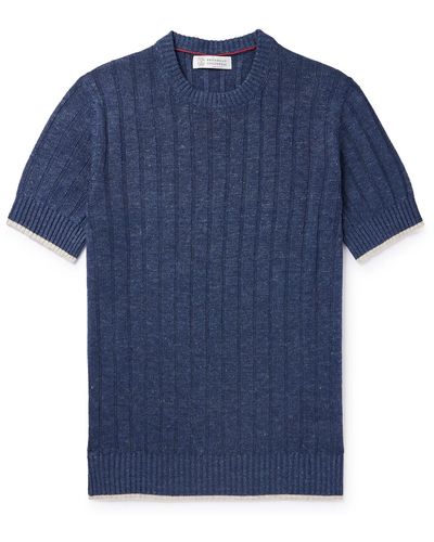 Brunello Cucinelli Contrast-tipped Linen And Cotton-blend T-shirt - Blue