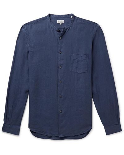 Hartford Premium Pat Grandad-collar Linen Shirt - Blue